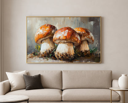 Mushroom wall art featuring a trio of warm rust-colored caps and creamy stems on a soft neutral background.
