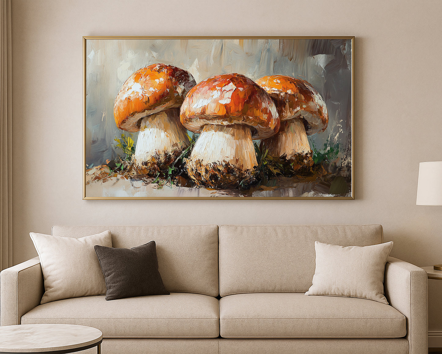 Textured nature artwork of three forest mushrooms with rich orange tones, white stems, and subtle green grass details.