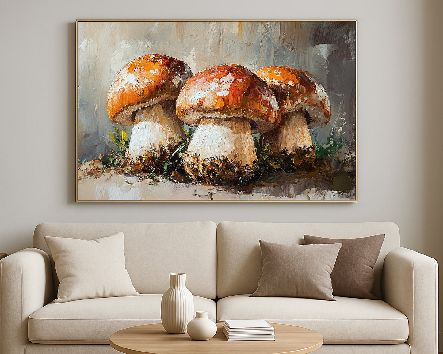 Rustic mushroom painting showing three rounded caps in warm amber and brown hues against a muted abstract backdrop.
