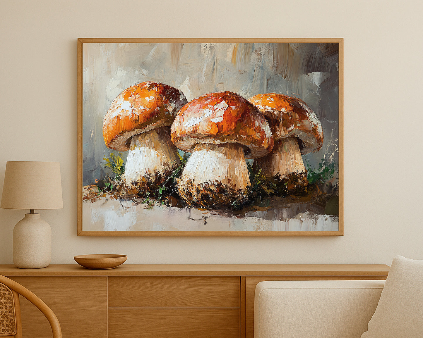 Woodland mushroom art print with thick painterly texture, earthy orange caps, and soft neutral surroundings.