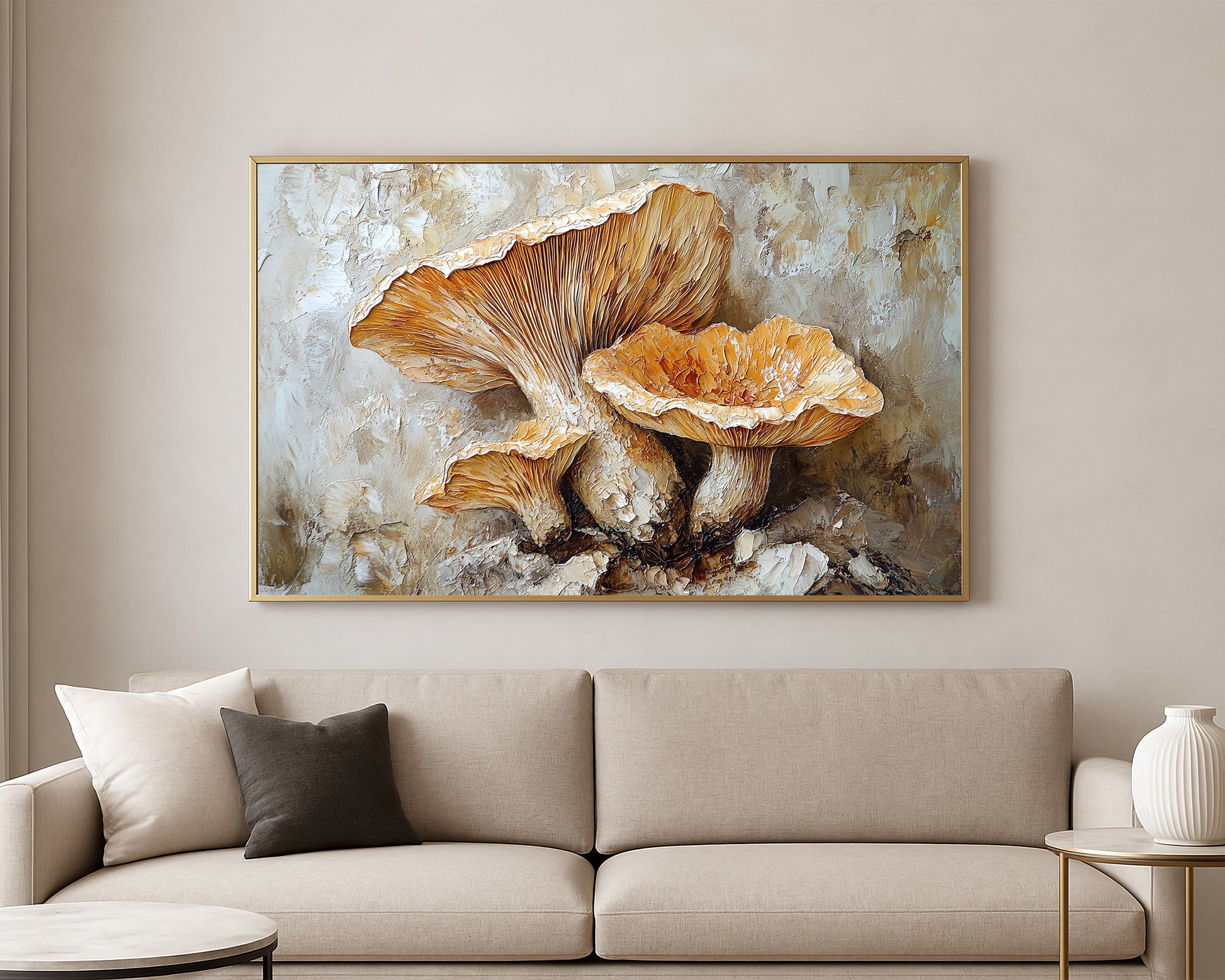 Close-up mushroom artwork with warm cream and tan tones, sculpted texture, and earthy natural detailing.
