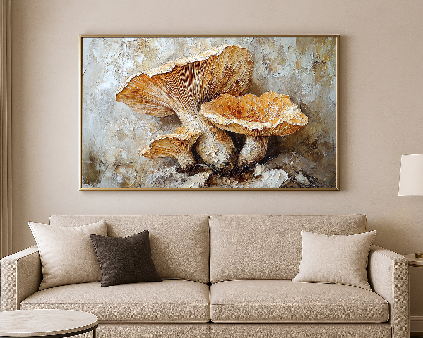 Neutral mushroom painting showing three layered fungi with rich gill texture and a soft abstract beige backdrop.