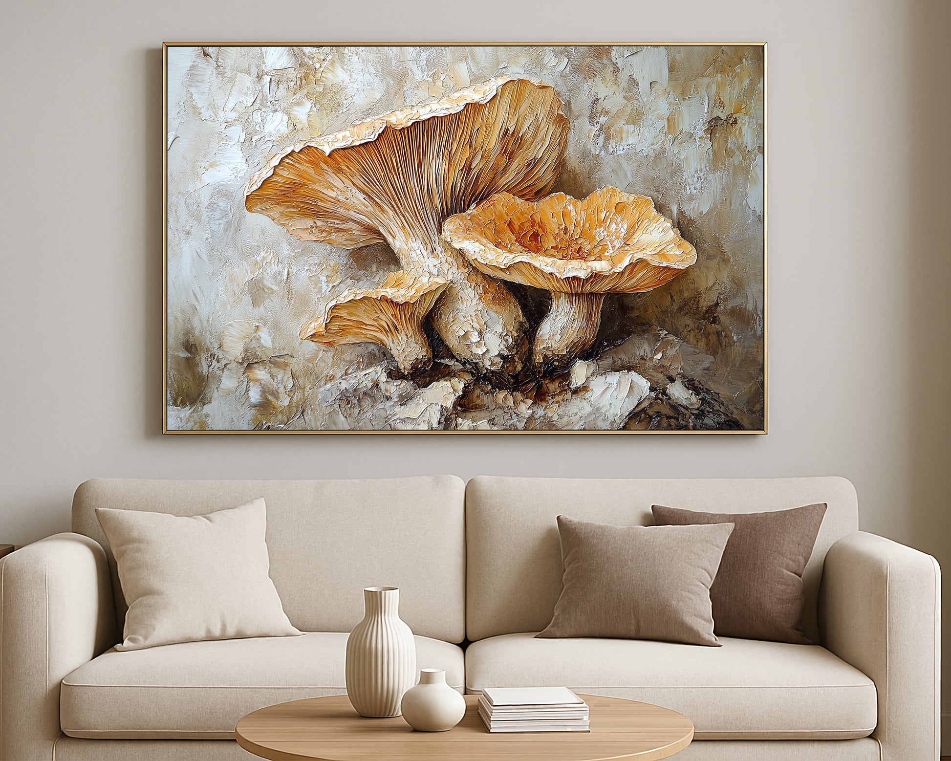 Decorative nature wall art of pale golden mushrooms with thick painterly texture and warm earthy tones.