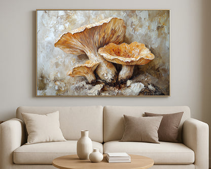 Decorative nature wall art of pale golden mushrooms with thick painterly texture and warm earthy tones.