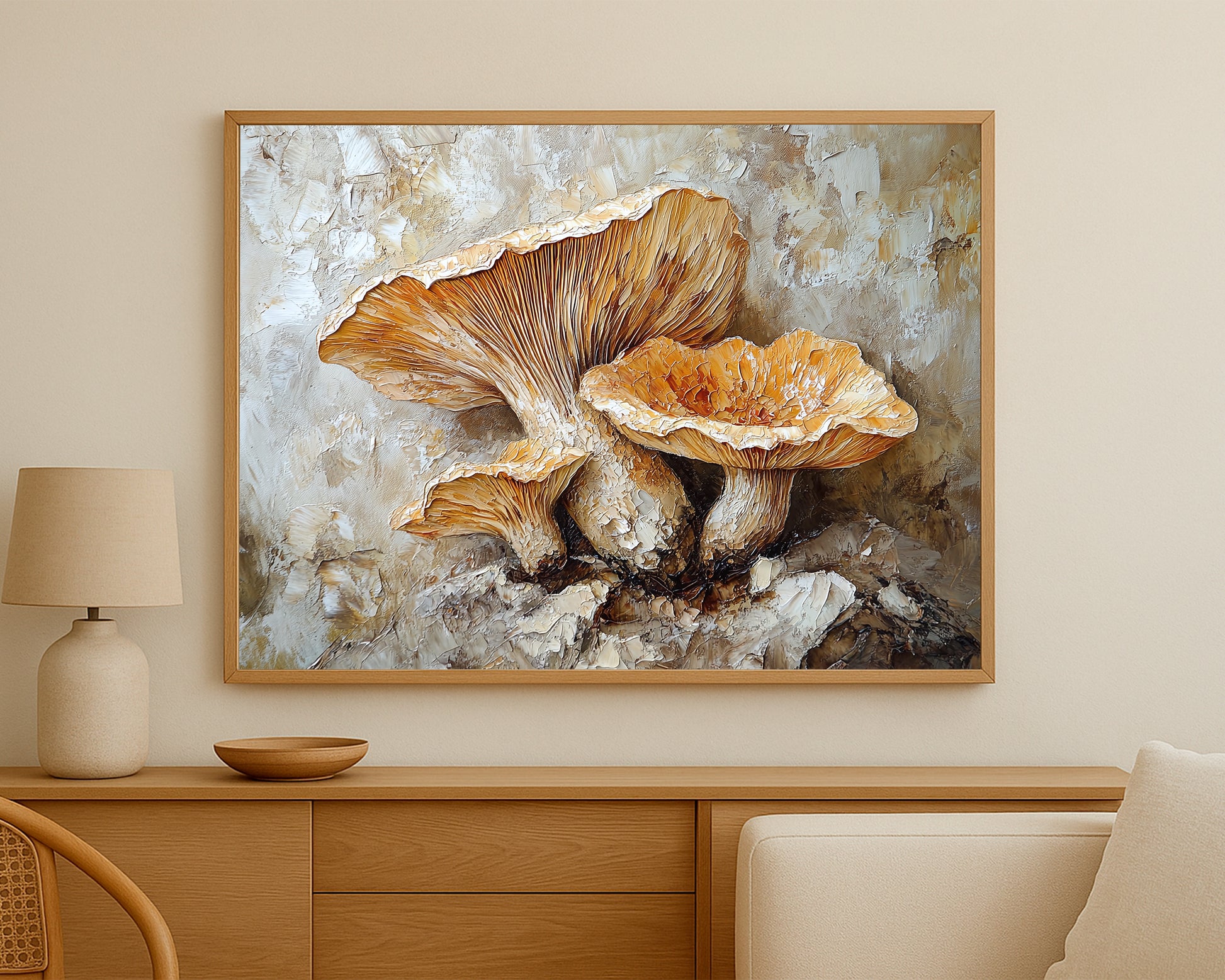Rustic mushroom art print with creamy beige caps, detailed underside texture, and a softly textured neutral background.