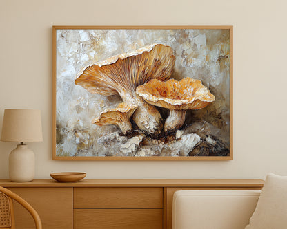 Rustic mushroom art print with creamy beige caps, detailed underside texture, and a softly textured neutral background.
