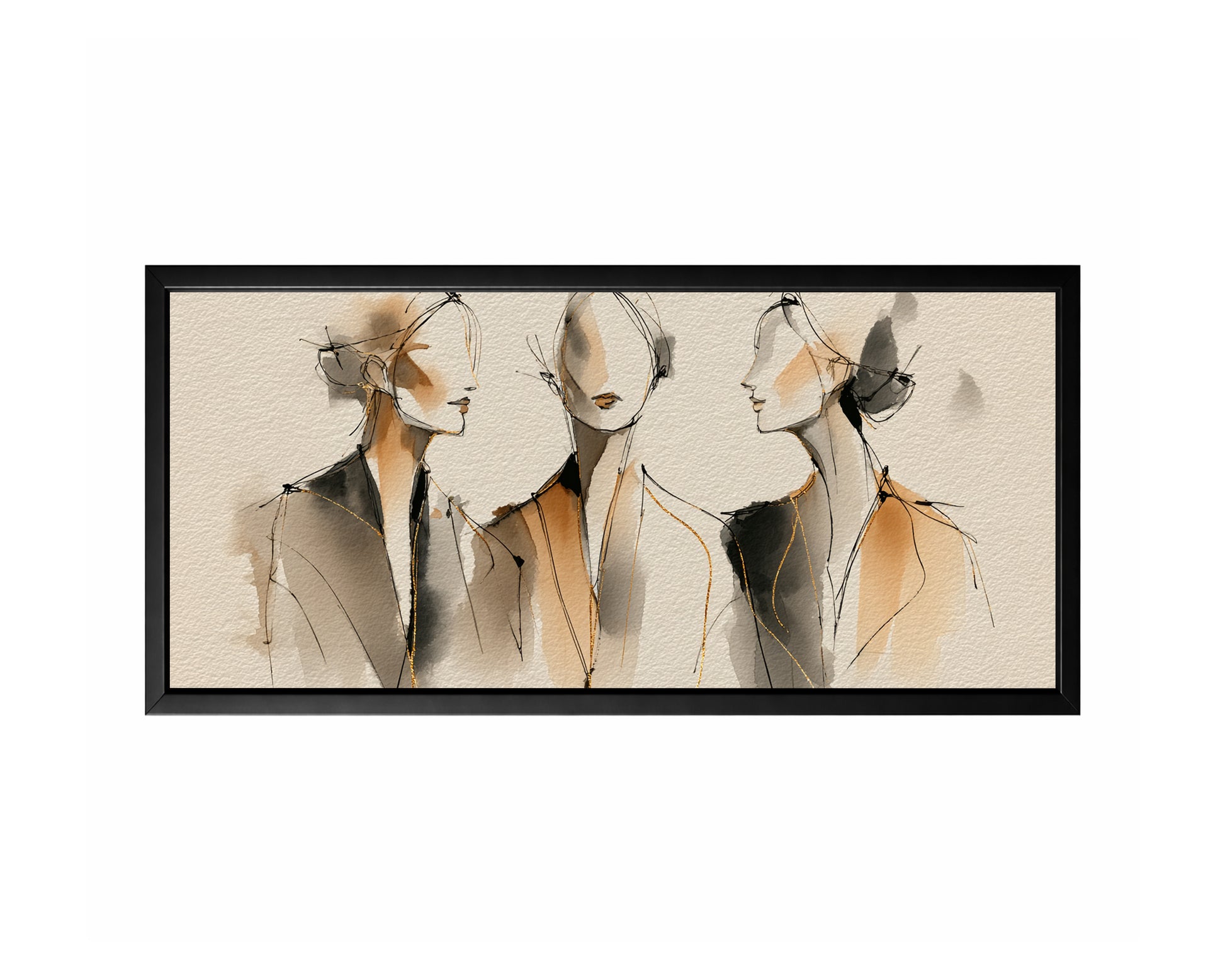 Panoramic minimalist fashion figure wall art with three sketched female forms in beige, gray, black, and gold.