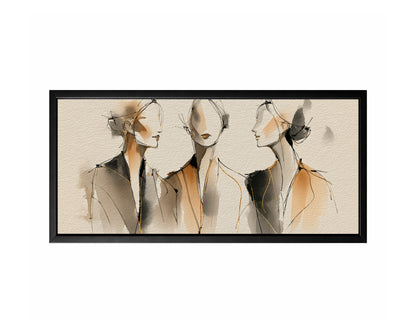 Panoramic minimalist fashion figure wall art with three sketched female forms in beige, gray, black, and gold.