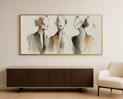 Wide editorial female figure illustration with black sketch lines, gray shadows, beige tones, and gold details.