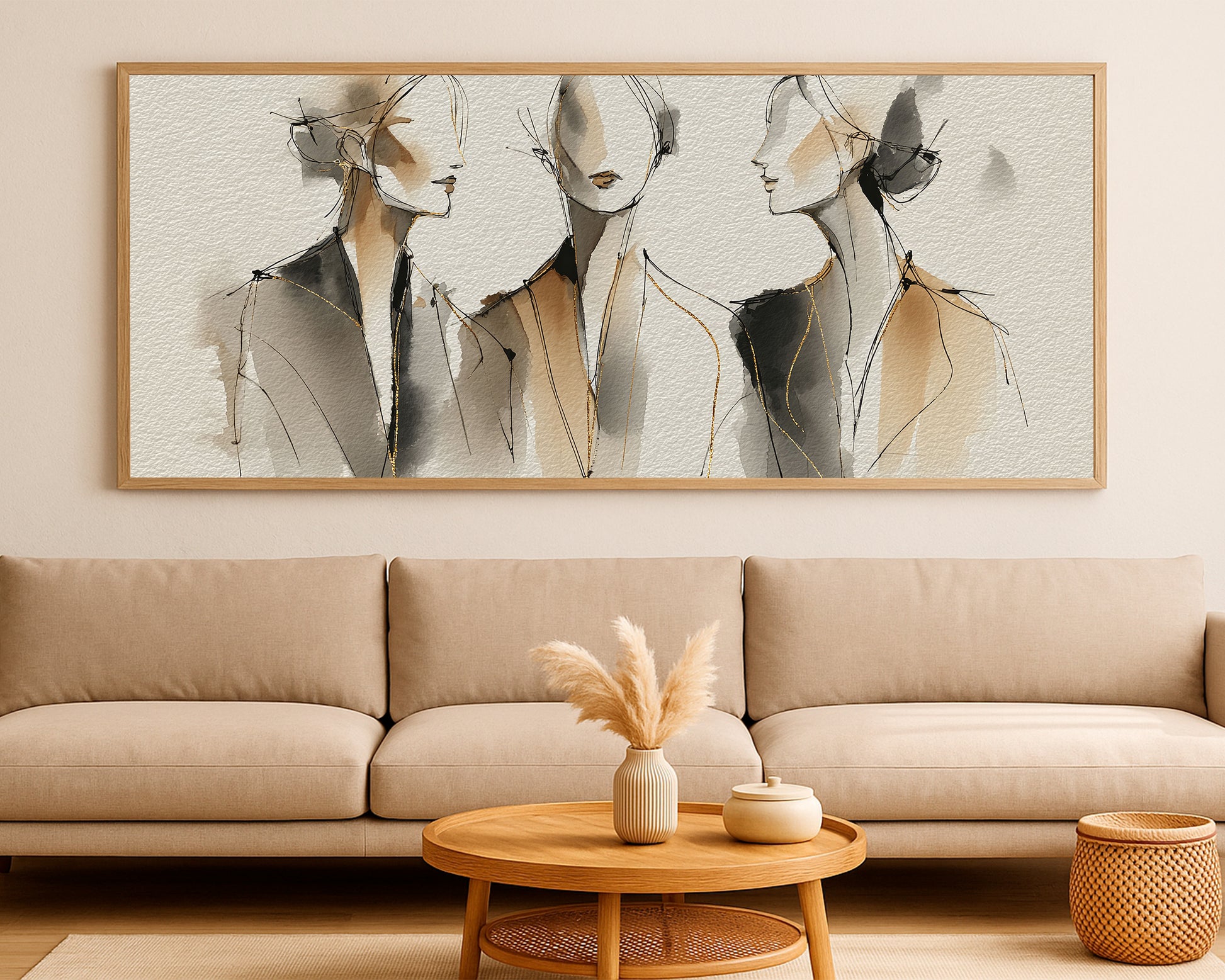 Minimalist female line art featuring three fashion figures on a textured neutral background.