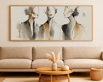 Minimalist female line art featuring three fashion figures on a textured neutral background.