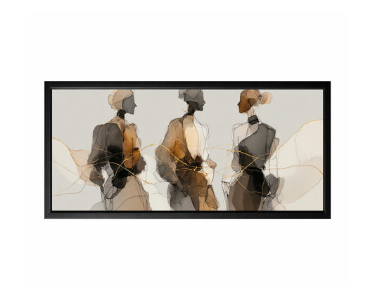 Panoramic fashion figure wall art with three feminine silhouettes in black, gray, beige, brown, and gold.