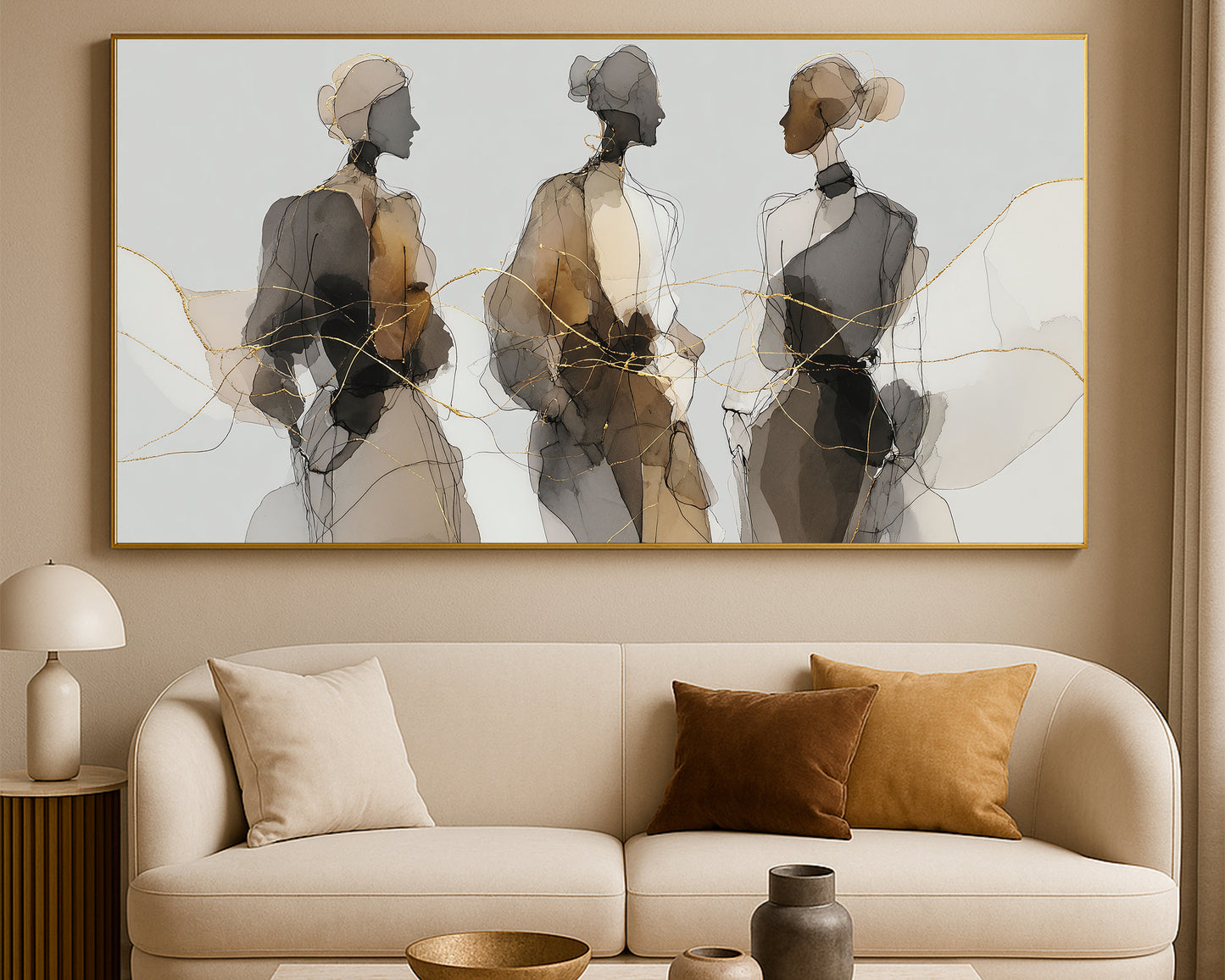 Abstract female figure artwork featuring loose linework, neutral watercolor textures, and flowing gold accents.