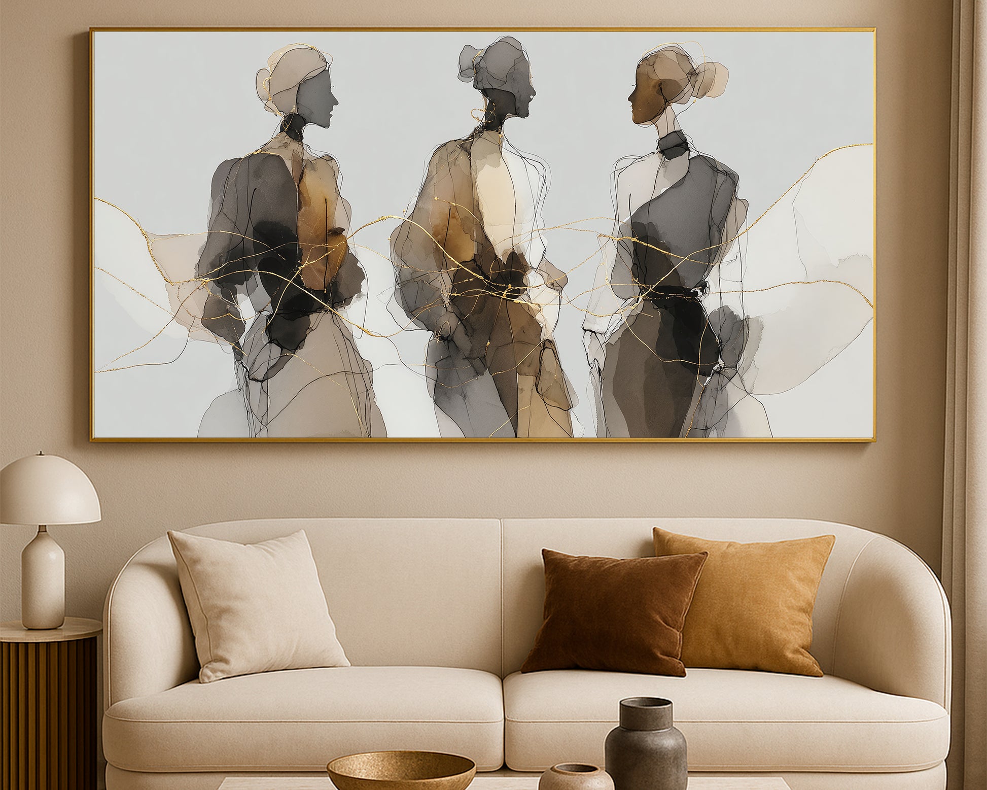 Abstract female figure artwork featuring loose linework, neutral watercolor textures, and flowing gold accents.