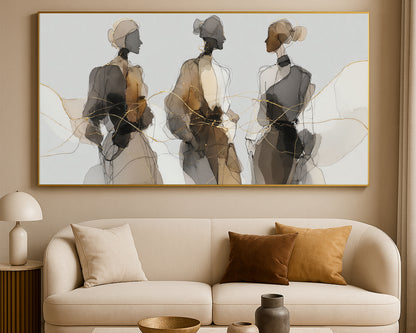 Abstract female figure artwork featuring loose linework, neutral watercolor textures, and flowing gold accents.