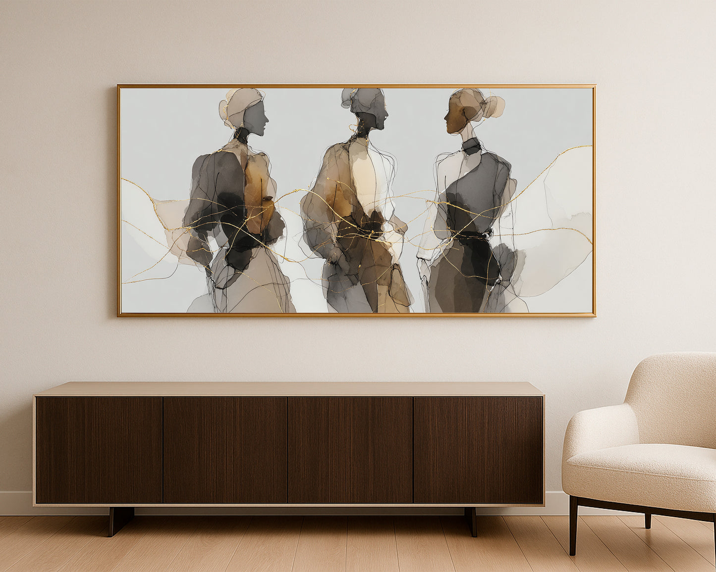Wide editorial fashion illustration with three women, soft beige washes, gray shadows, and metallic gold lines.