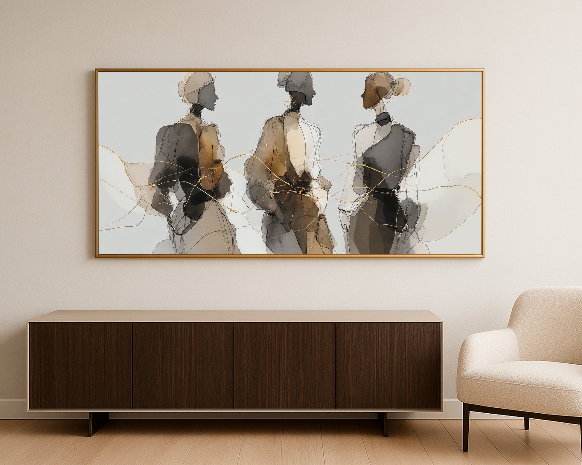 Wide editorial fashion illustration with three women, soft beige washes, gray shadows, and metallic gold lines.