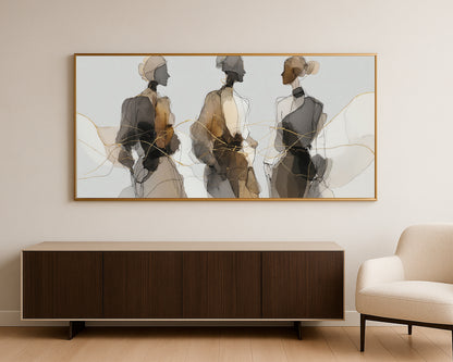 Wide editorial fashion illustration with three women, soft beige washes, gray shadows, and metallic gold lines.