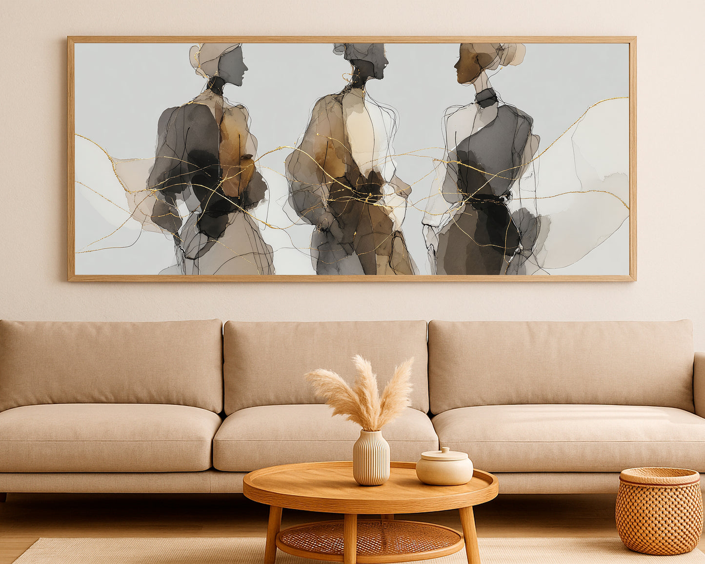 Contemporary feminine wall art showing three stylized figures with layered neutral tones and delicate sketch lines.