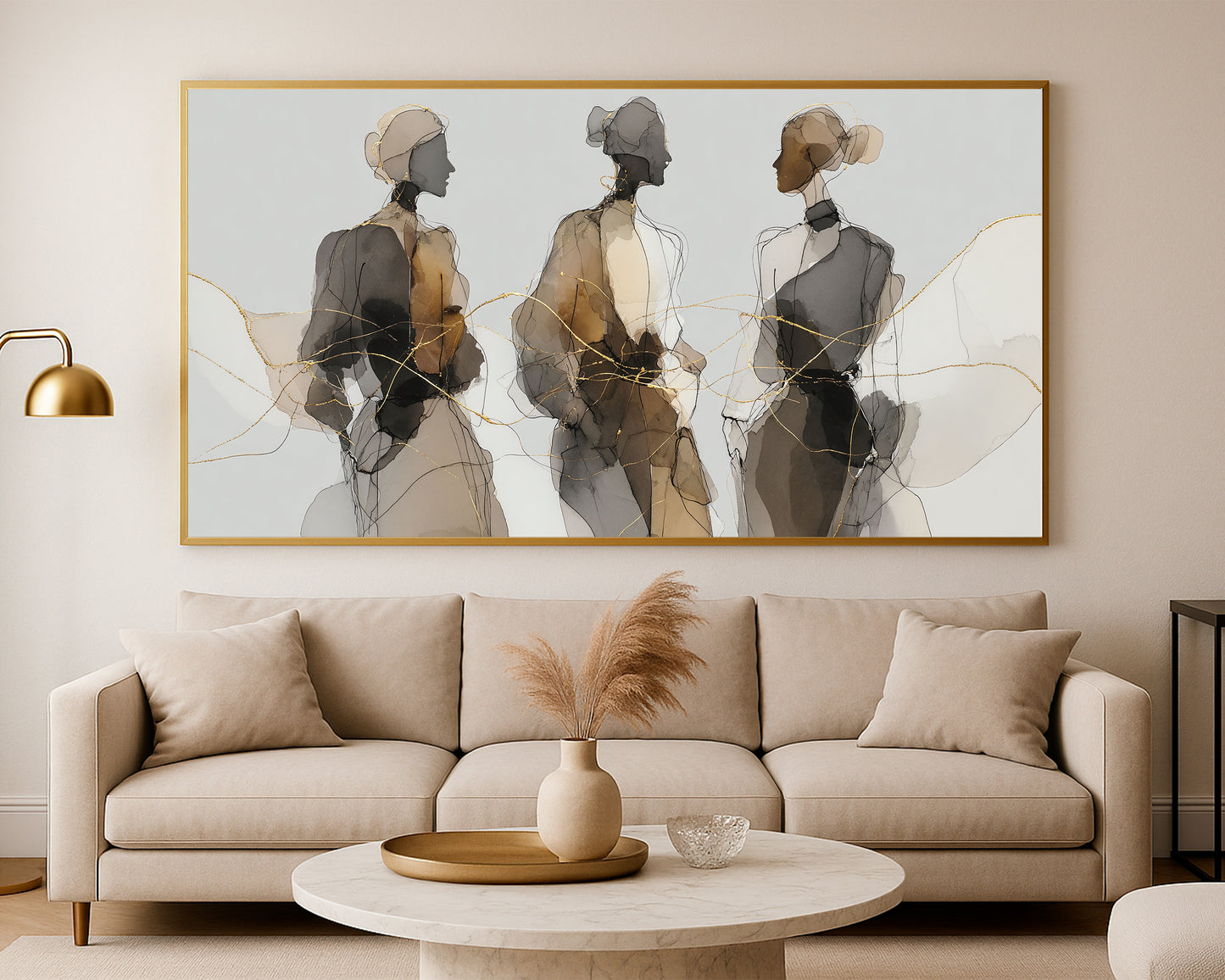 Neutral panoramic figure artwork with black and brown watercolor forms, airy background, and refined gold movement.