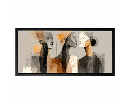 Panoramic female portrait wall art with three stylized faces, black linework, gray shadows, brown tones, and gold accents.