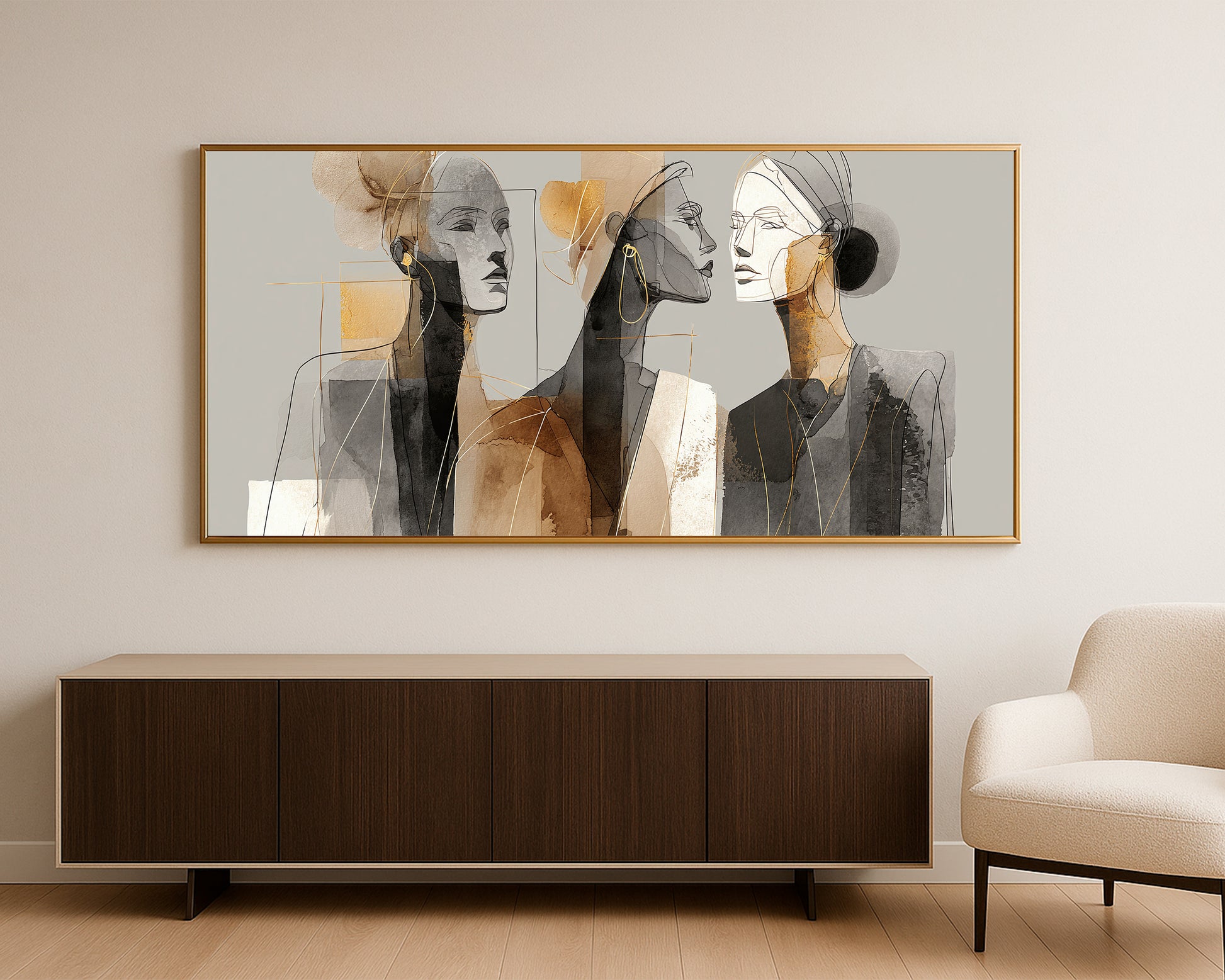 Wide contemporary portrait print showing three women in profile and frontal views with beige, black, and gold layers.