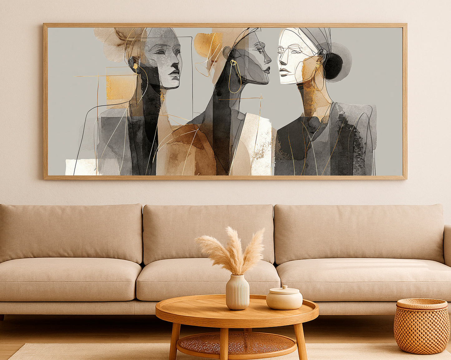 Gold neutral female face artwork with expressive sketch lines, warm brown washes, and modern abstract blocks.