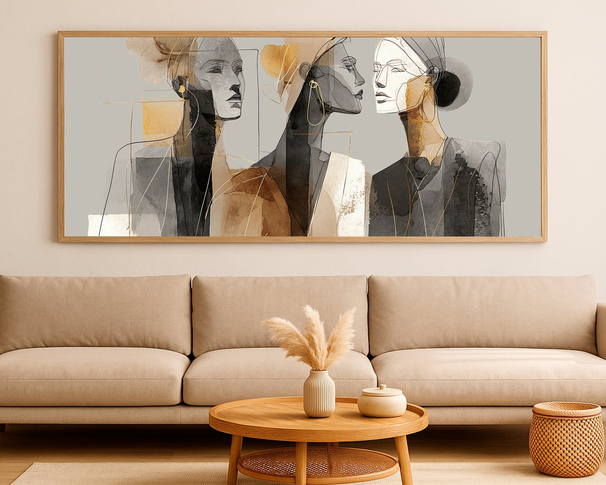 Gold neutral female face artwork with expressive sketch lines, warm brown washes, and modern abstract blocks.