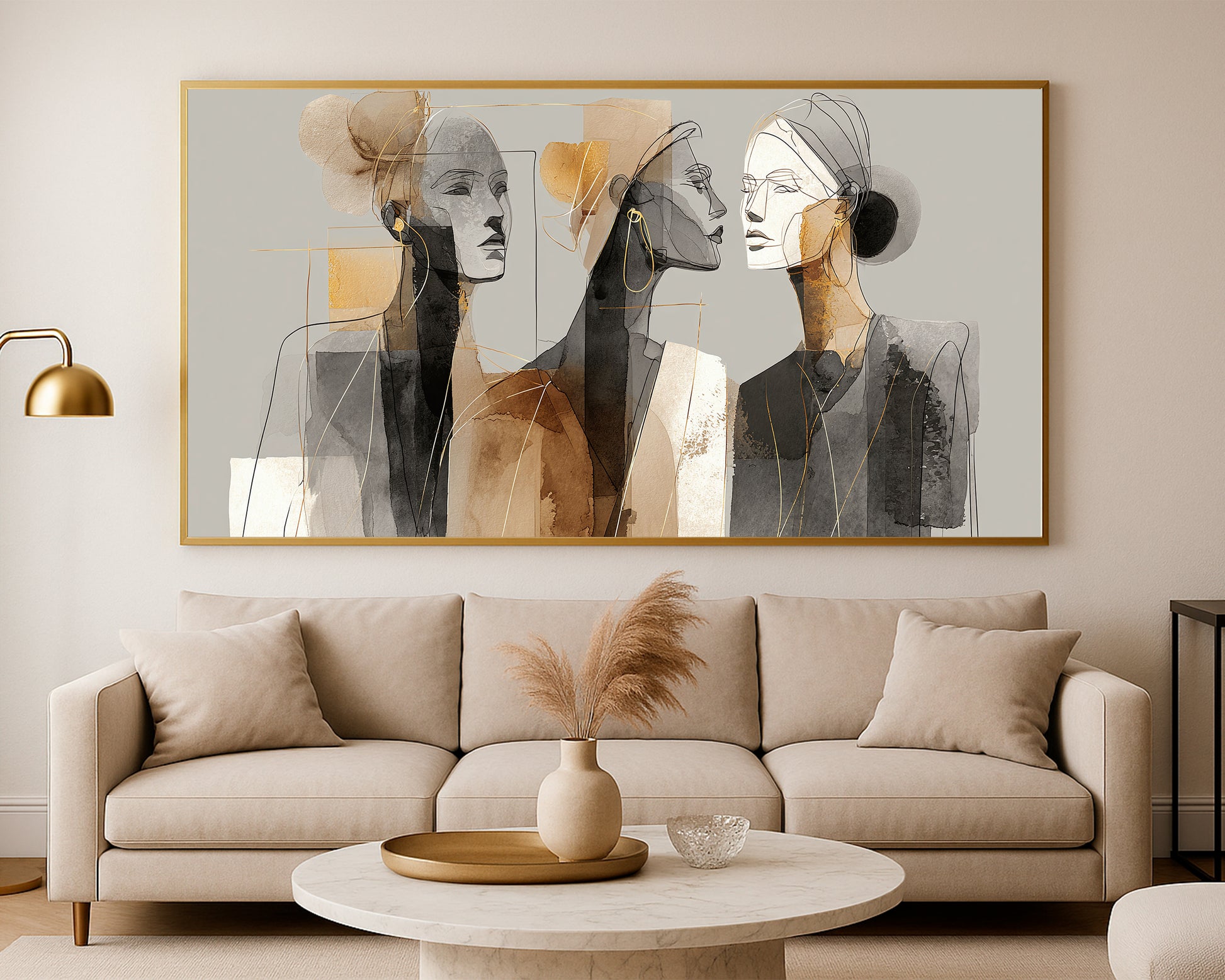 Panoramic editorial portrait wall art with three stylized female faces, layered textures, and refined gold highlights.