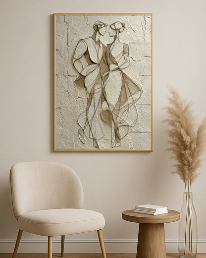 Romantic fine line couple artwork with black and gold lines over soft taupe plaster texture.