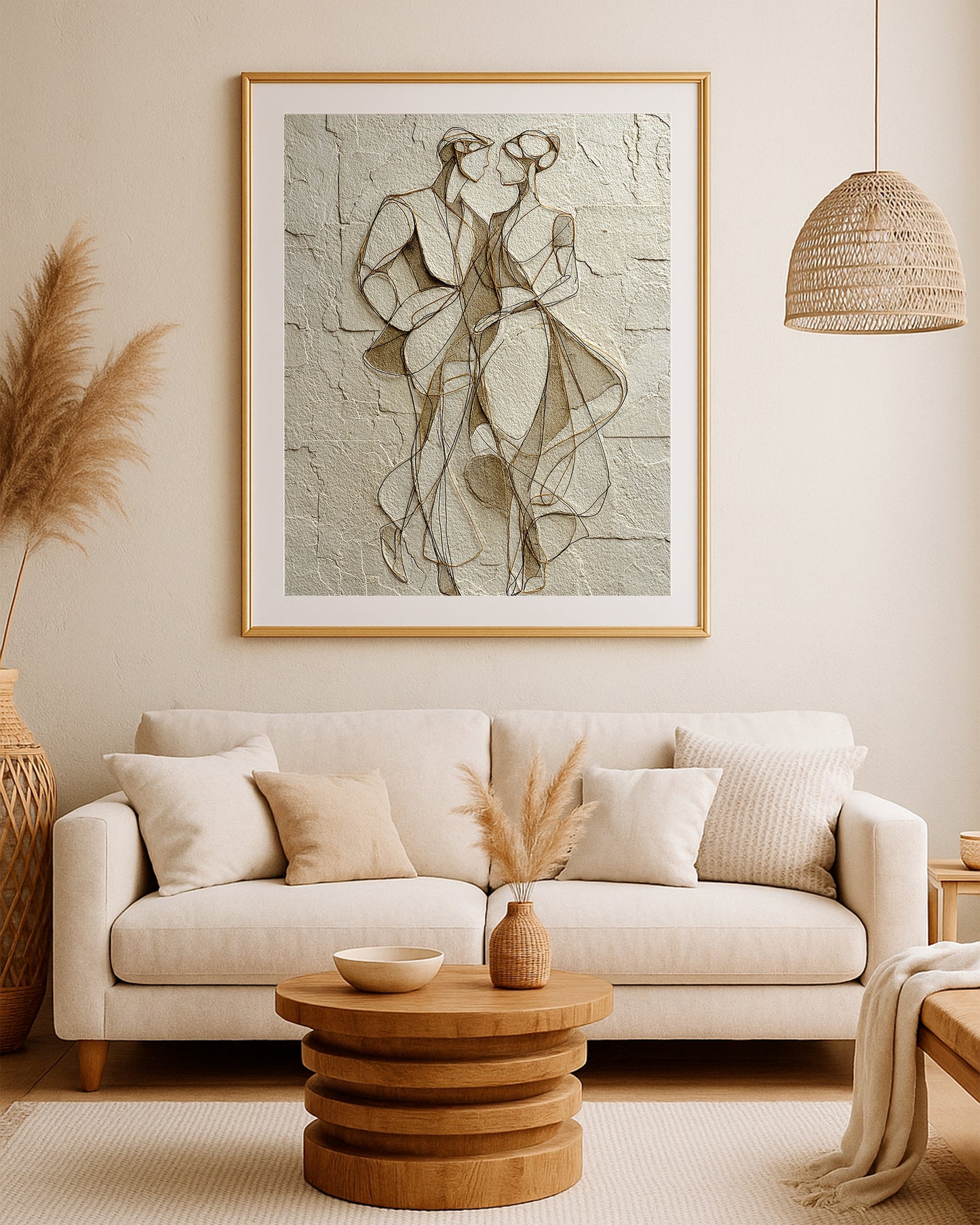 Beige couple wall art with abstract flowing linework and a calm romantic composition