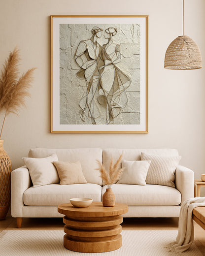 Beige couple wall art with abstract flowing linework and a calm romantic composition
