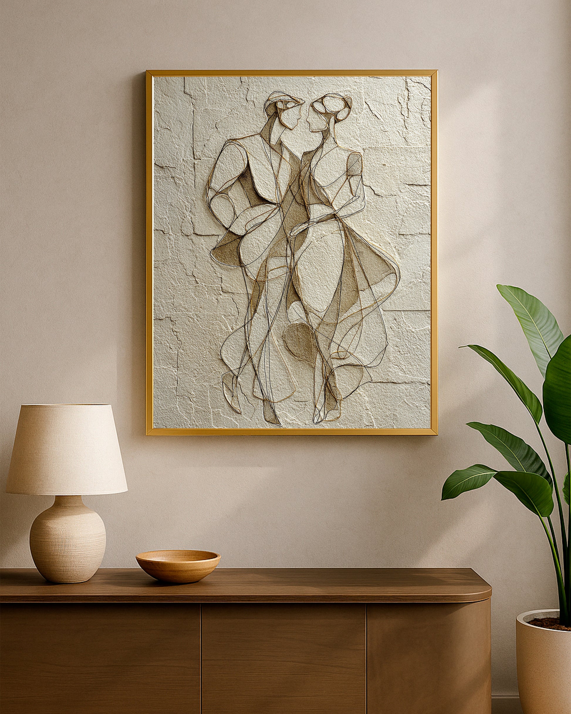 Minimalist romantic figure print showing two people walking closely together in neutral tones.