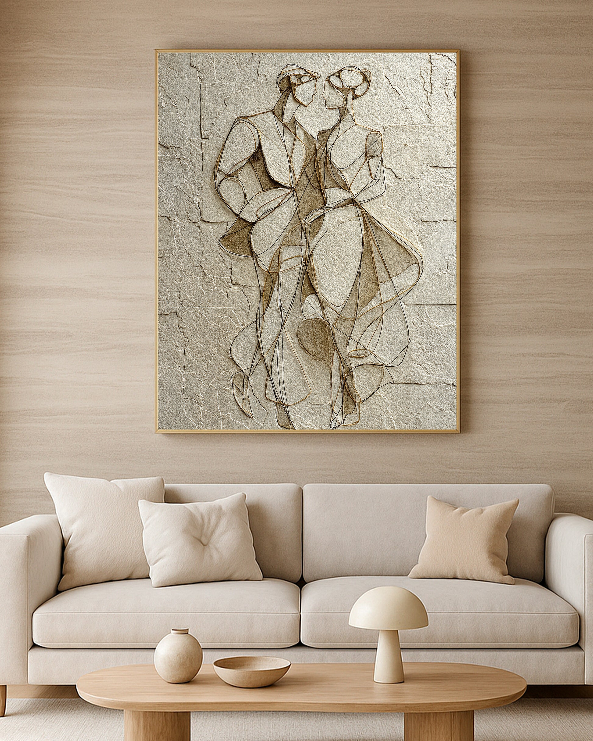 Elegant couple line drawing with warm beige, taupe, black, and gold details.