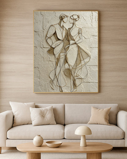 Elegant couple line drawing with warm beige, taupe, black, and gold details.