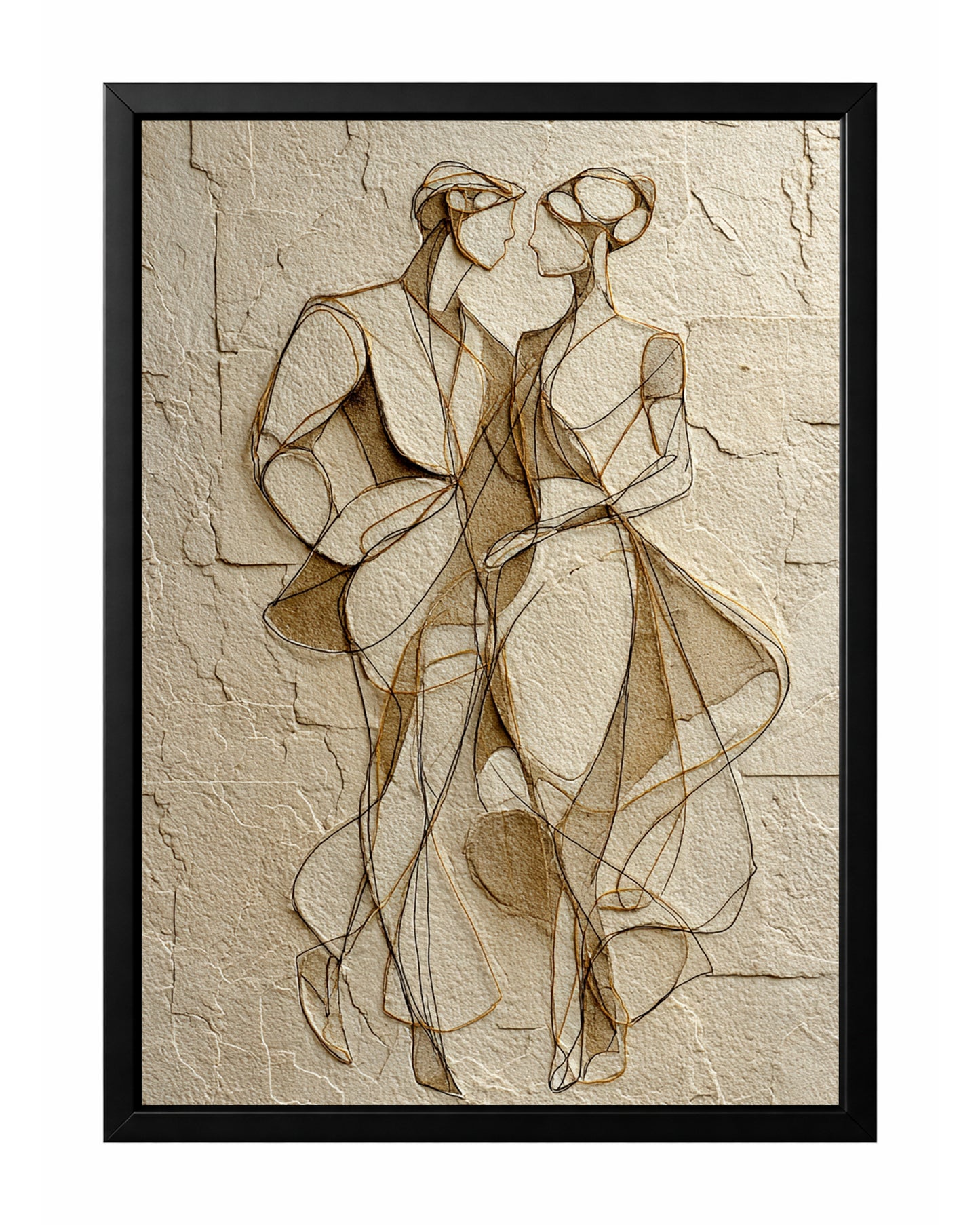 Neutral couple line art showing two elegant figures facing each other on a textured beige background.