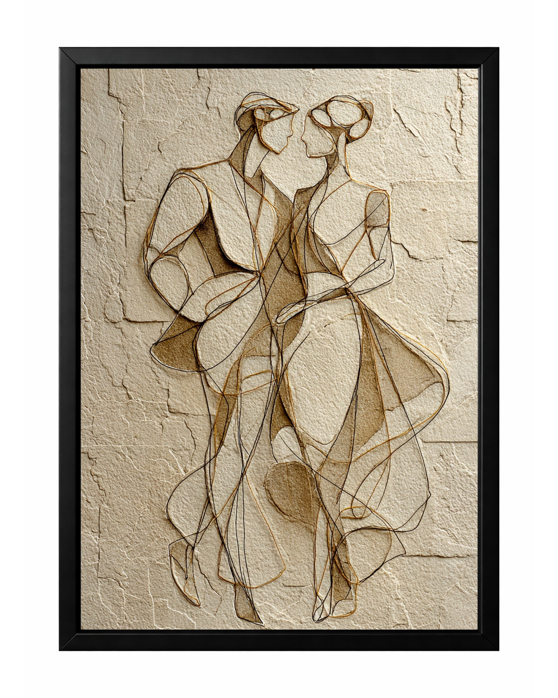 Neutral couple line art showing two elegant figures facing each other on a textured beige background.