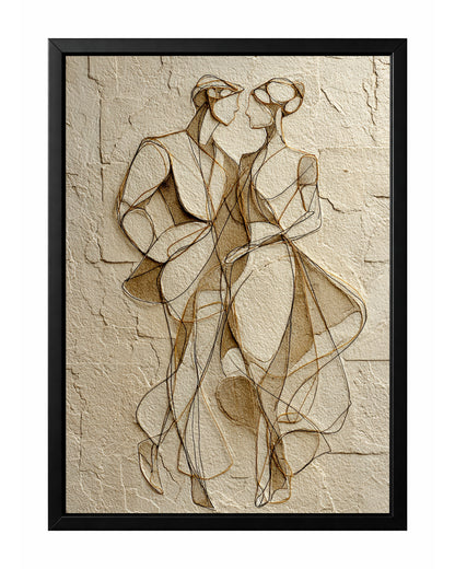 Neutral couple line art showing two elegant figures facing each other on a textured beige background.