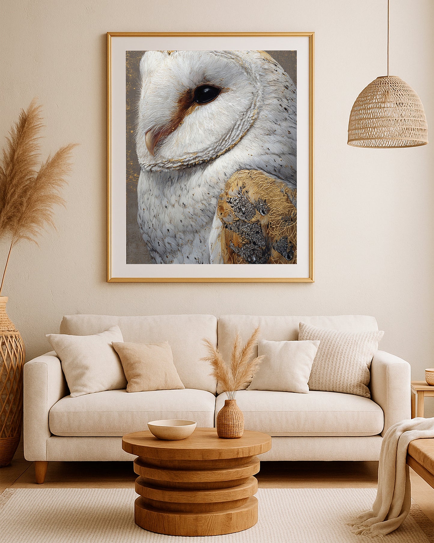 Elegant barn owl print with close-up bird profile, cream plumage, dark eye, and neutral gray-gold background.