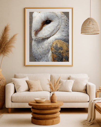 Elegant barn owl print with close-up bird profile, cream plumage, dark eye, and neutral gray-gold background.