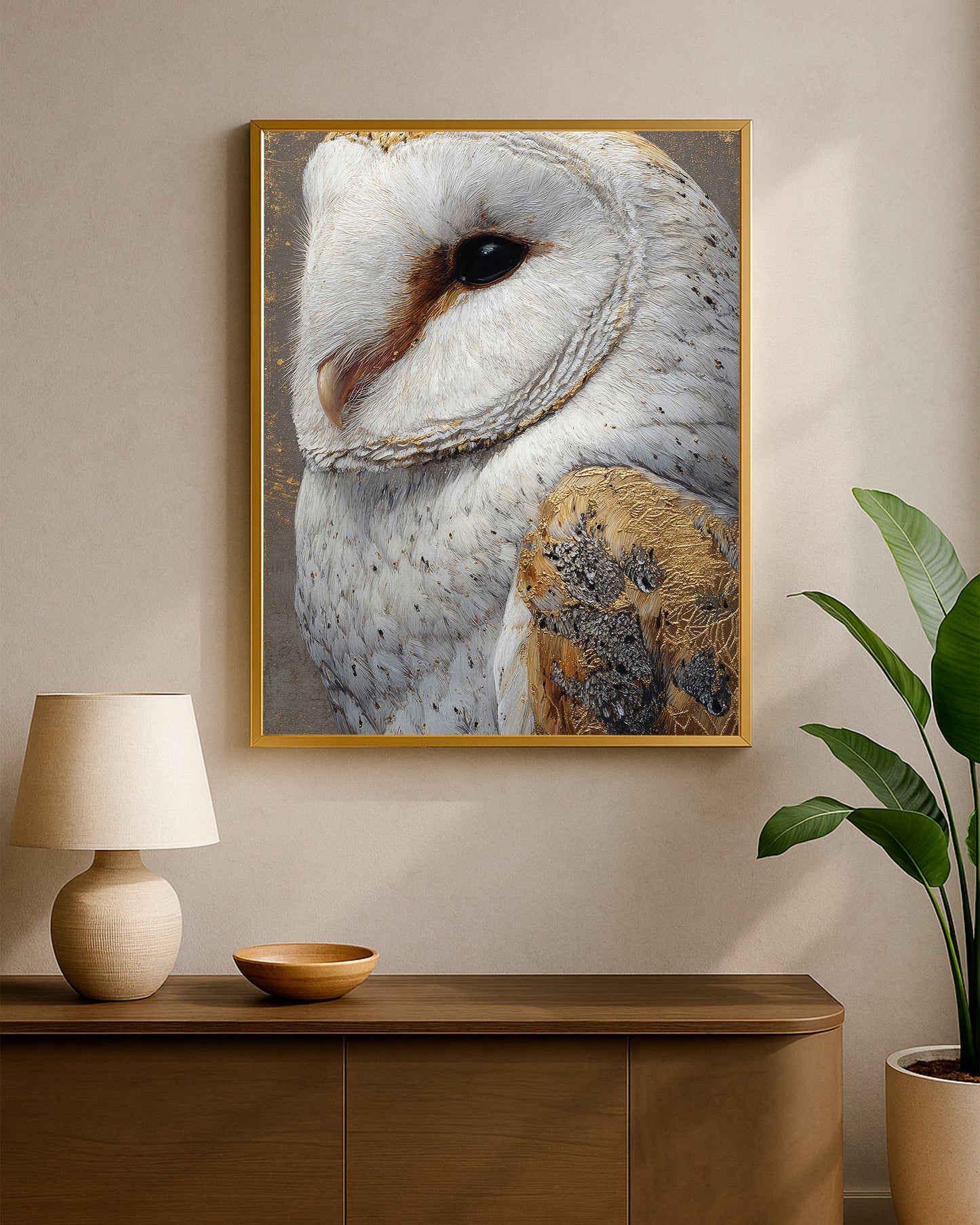 Fine art owl wall art showing a white barn owl with textured feathers and warm gold highlights.