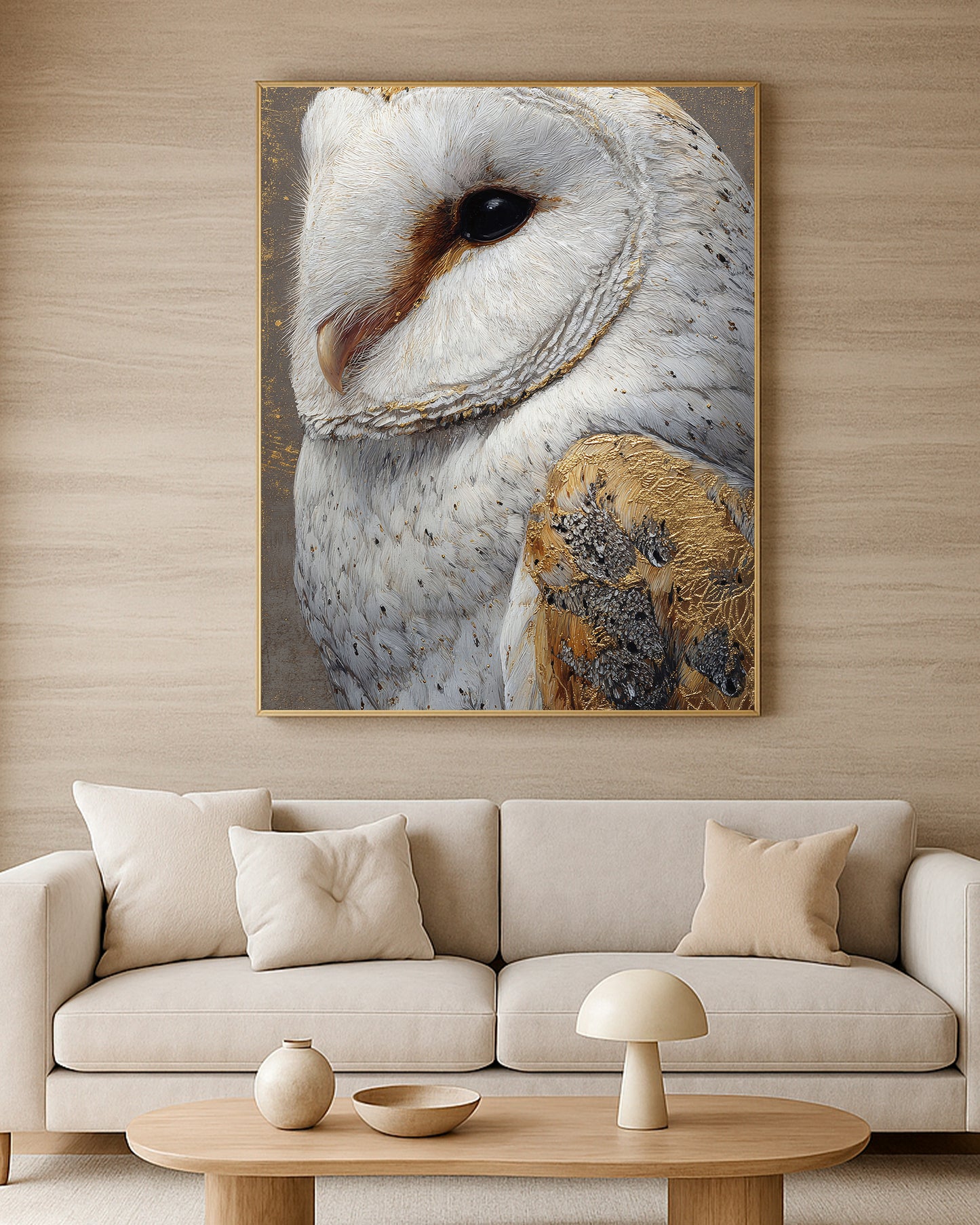 Neutral bird portrait featuring a close barn owl face with cream, gray, brown, and gold details.