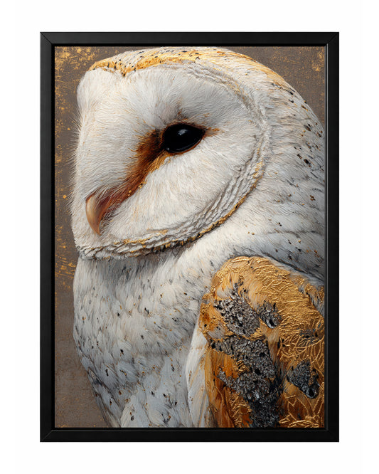 White barn owl close-up wall art with cream feathers, dark expressive eye, gray background, and gold accents.