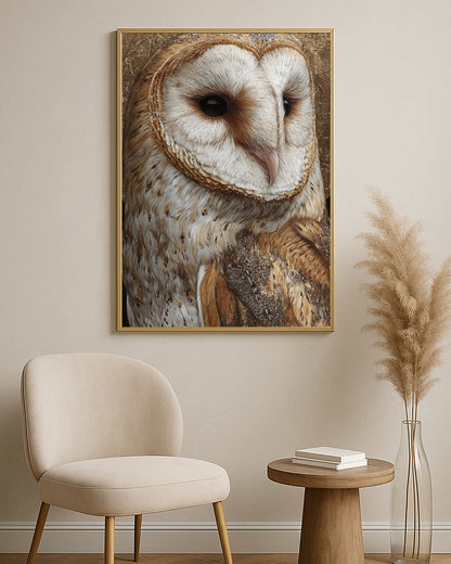 Elegant owl artwork showing a close barn owl face with soft white feathers and warm gold neutral tones.