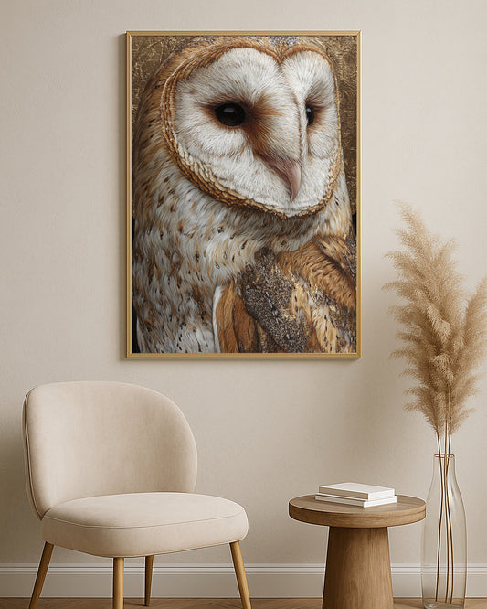 Elegant owl artwork showing a close barn owl face with soft white feathers and warm gold neutral tones.