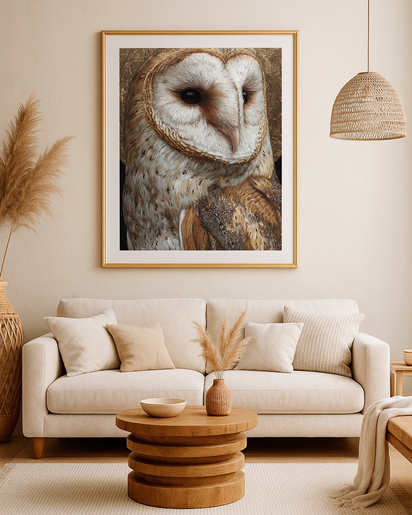 Fine art bird portrait featuring a barn owl with detailed feather texture and dark gold background.