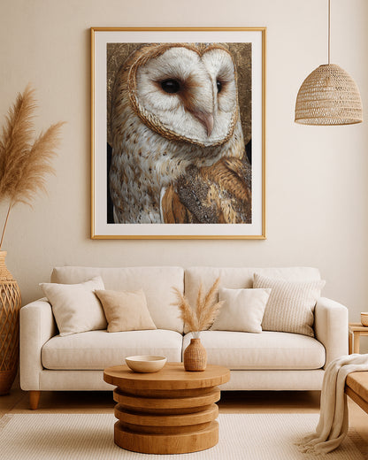 Fine art bird portrait featuring a barn owl with detailed feather texture and dark gold background.