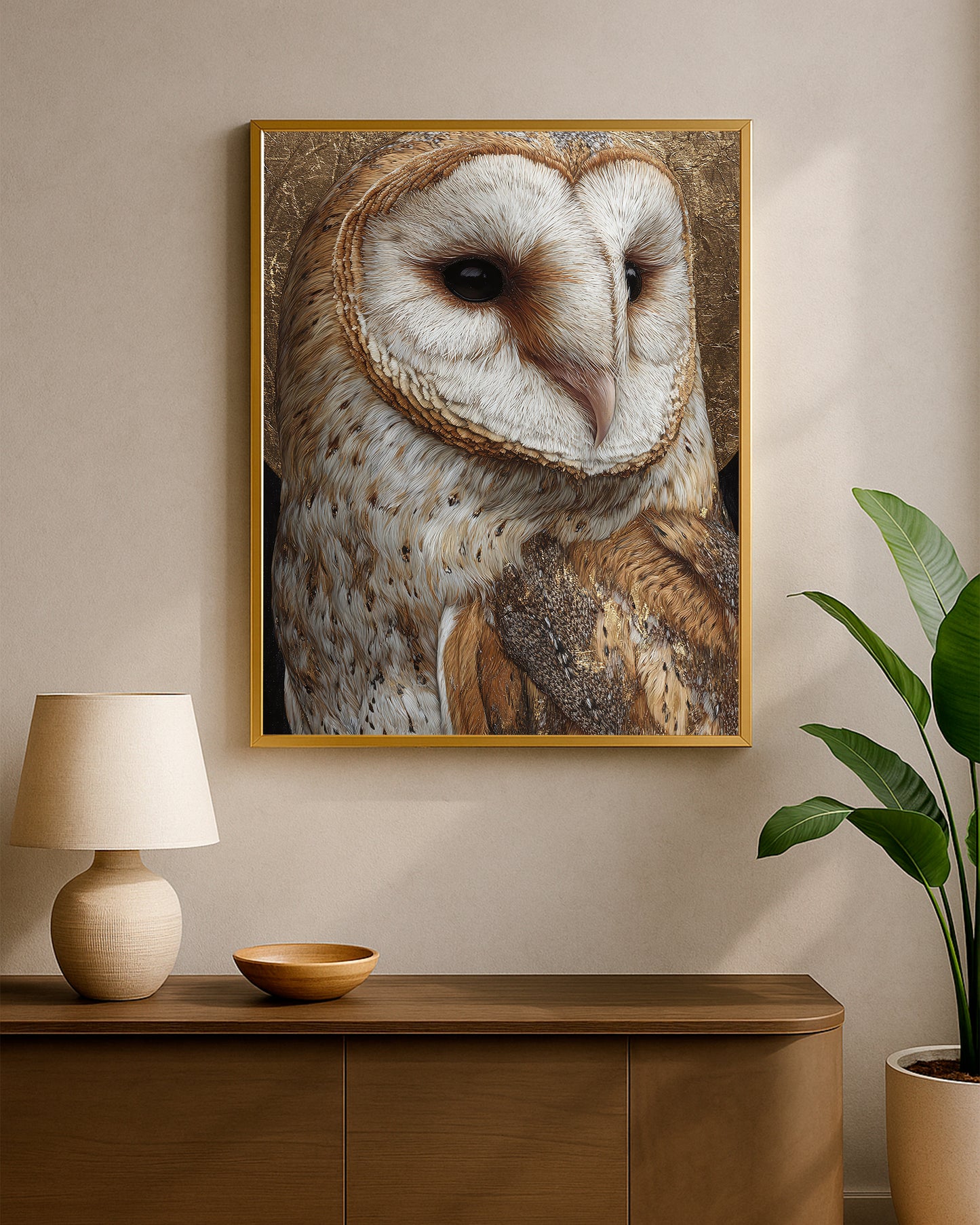 Neutral owl wall art with cream, brown, black, and gold tones in a refined close-up composition.