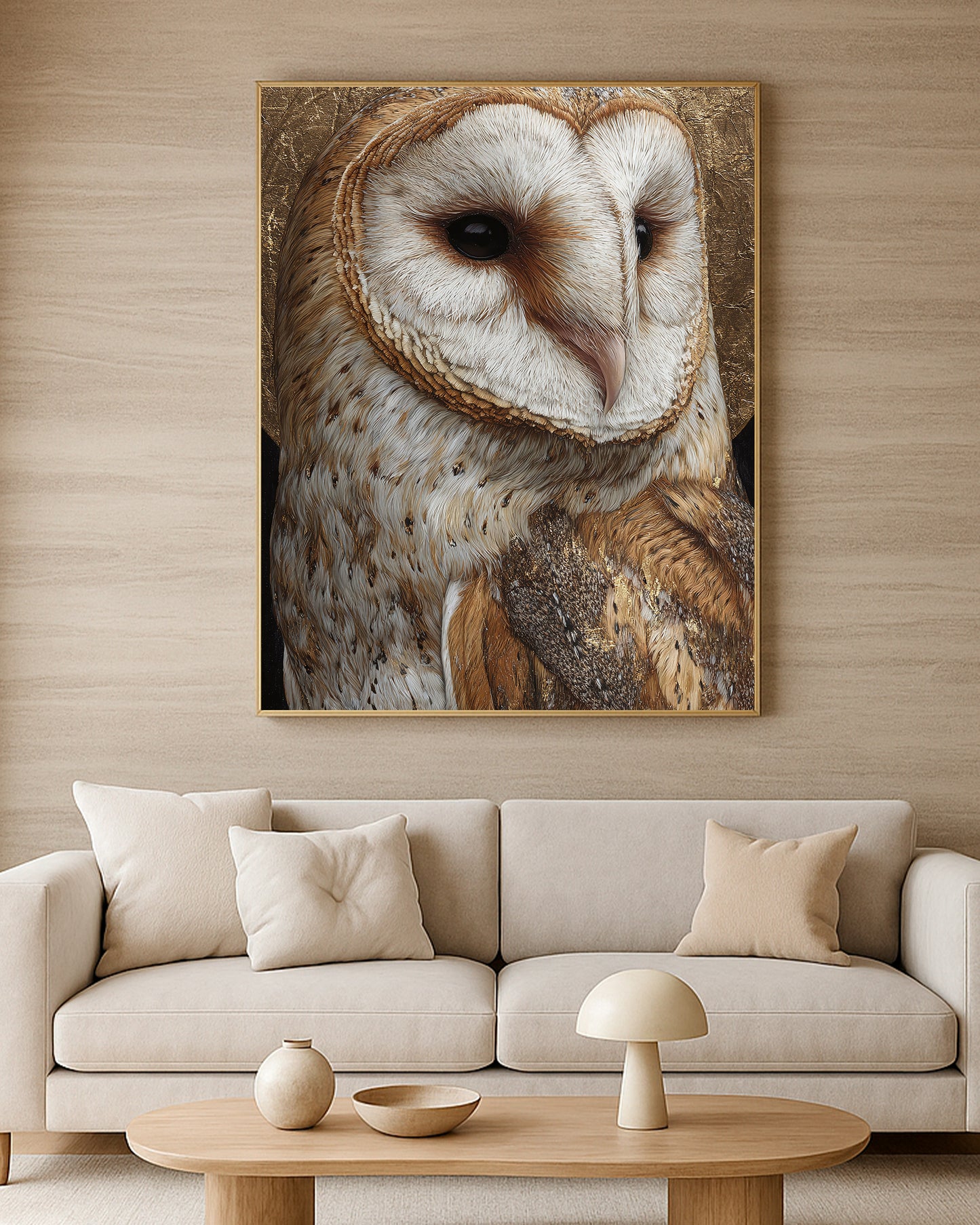 Detailed barn owl print with heart-shaped face, soft feather texture, and warm metallic gold accents.