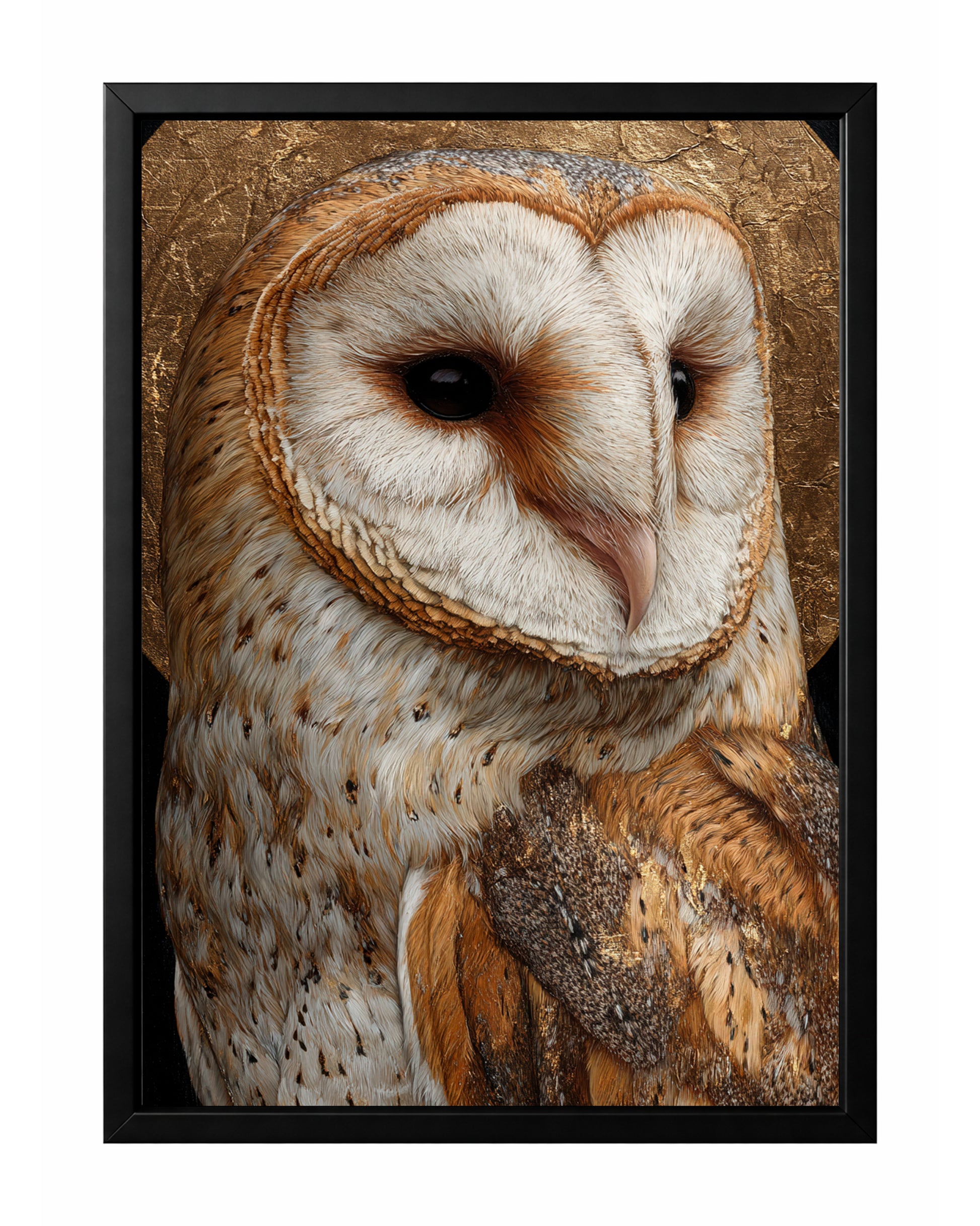 Barn owl portrait wall art with cream feathers, warm brown markings, and a textured gold circular background.